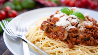 Vegan Spaghetti Bolognese with vegan parmesan