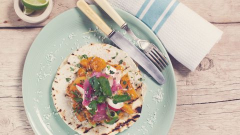Roasted Coconut Squash Gringas with Pink Pickled Onions & Sour Creme