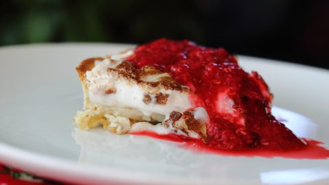 Luxury Lemon Vegan Meringue Pie with Raspberry Coulis
