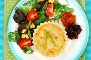 Cheese & Onion Quiche with Optional Vegan Bacon