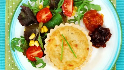 Cheese & Onion Quiche with Optional Vegan Bacon