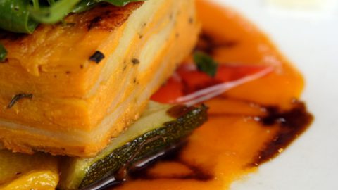 Sweet Potato Gratin with Red Pepper Dressing