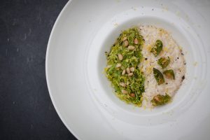 Shredded Garlic Brussels Sprouts with Pine Nut Risotto