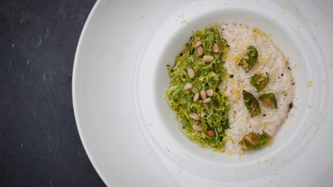 Shredded Garlic Brussels Sprouts with Pine Nut Risotto