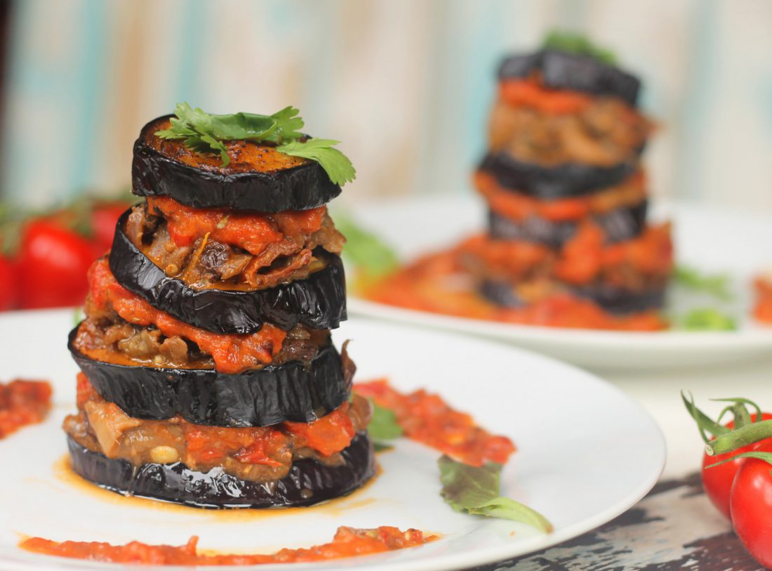 Aubergine Towers & Roast Tomato Sauce - Vegan Recipe Club
