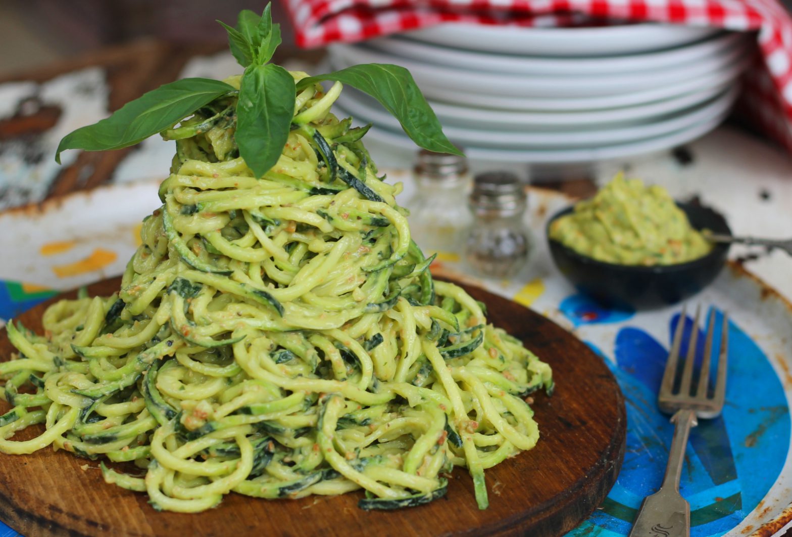 Quick Avocado Lemon Basil Pesto with Raw or Cooked Noodles