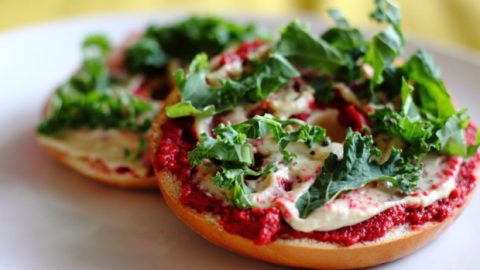 Warm Bagels with Beetroot & Olive Tapenade