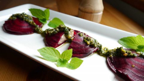 Beetroot & 'Ricotta' Ravioli with Pistachio