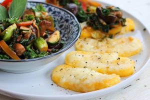 Cheesy Polenta Slices with Stir-fried Brussels Sprouts