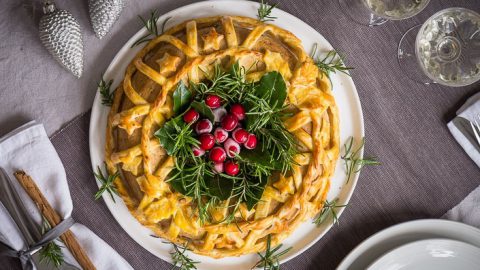 Vegan Christmas Tofu Wreath with Brandied Mushroom Chestnut Filling