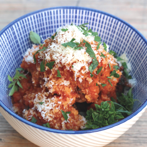Jackballs With Sofrito Sauce & Vegan Parmesan