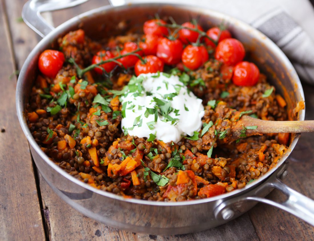 White Wine Lentils with Roasted Cherry Tomatoes & 'Crème Fraîche'