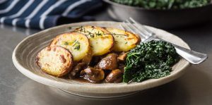 Mushroom and Seitan Stew with Crispy Potatoes