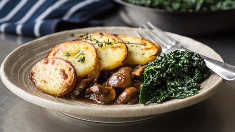 Mushroom and Seitan Stew with Crispy Potatoes