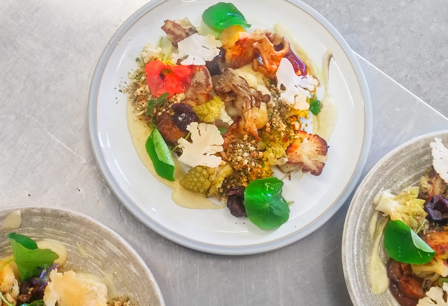 Broccoli and Oyster Mushroom Tempura with Forced Rhubarb Sauce
