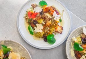 Broccoli and Oyster Mushroom Tempura with Forced Rhubarb Sauce
