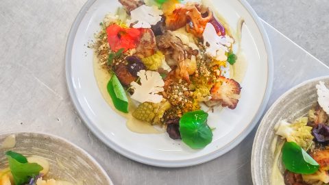 Broccoli and Oyster Mushroom Tempura with Forced Rhubarb Sauce