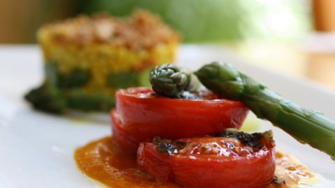 Pearl Cous-Cous Crumble with Mixed Pepper Dressing and Slow Roasted Tomatoes