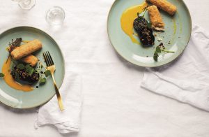 Smoked Cashew Croquetas (with port-glazed red beetroot and orange emulsion)