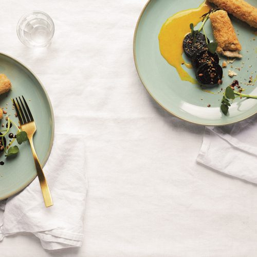 Smoked Cashew Croquetas (with port-glazed red beetroot and orange emulsion)