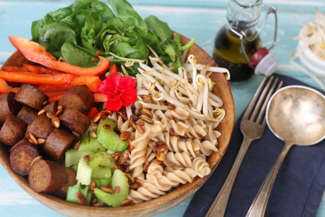 Sausage & Pasta Salad with Wholefood Option - Vegan Recipe Club