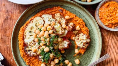 air fryer cauliflower steak with romesco sauce